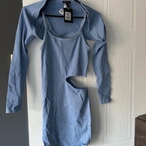 Blue Cutout Ribbed Bodycon Dress with Shrug